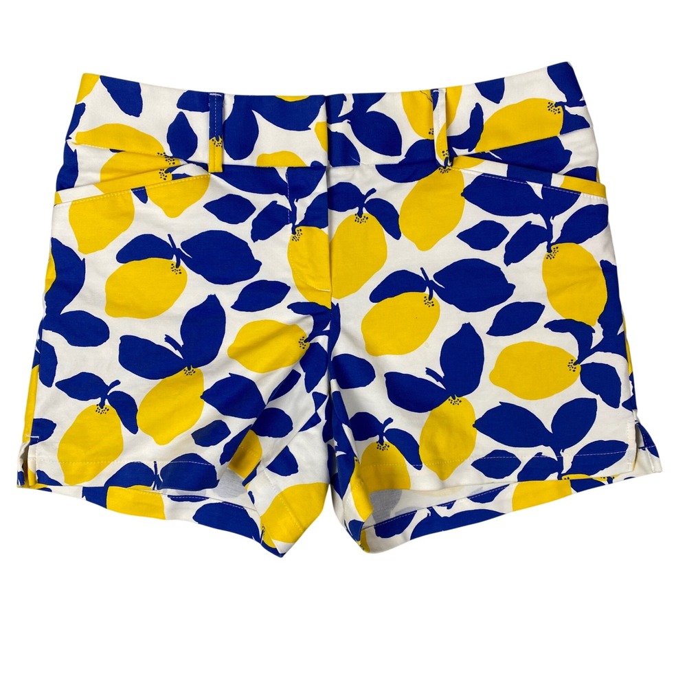 LOFT The Riviera Lemon Print Cotton Blend Shorts Women 0 Yellow Blue White